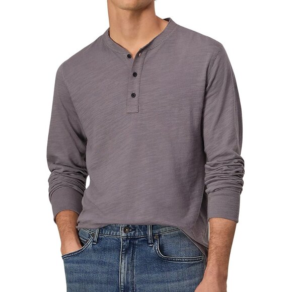 rag & bone Men's Long Sleeve Classic Flame Henley Raw Edge Collar Tee Shirt Grey - Picture 1 of 6